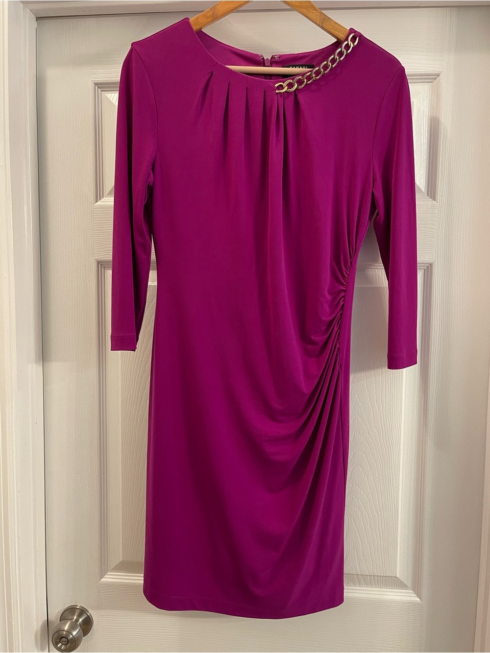 Tahari Arthur S. Levine Magenta Long-Sleeve Sheath Dress with Chain Accent